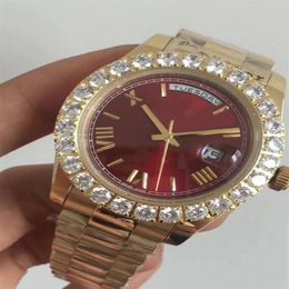 Factory Brand New Mens Day-Date 18238 18K Gold Roman Numeral Dial Diamond Bezel Red Dial Movement Automatic Mechanical Wris289f