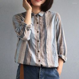 Women's Blouses Cotton Linen Shirt Korean Version Casual Stripe Women Lapel Long Sleeve Loose Thin Spring Autumn Womens Tops