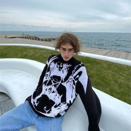 Men's Sweaters Aesthetic Goth Men Loose Knitted Sweater Cartoon Print O-neck Long-sleeved Fairy Grunge Jumpers Y2K Streetweat Unisex