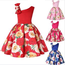 Vestido de ombro inclinado para crianças para crianças para crianças, meninas, roupas azuis, vestido de estampa de flor de rosa vermelha de 2 a 9 anos de idade CH288L