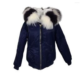 Women's Fur Navy Bomber Black&White Real Raccoon Hoodies Solid Colour Lined Waterproof Fligh Jacket Casual Wear