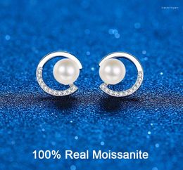 Stud Earrings Freshwater Cultured Pearl For Women Real VVS1 Moissanite 925 Sterling Silver Ear Studs Jewellery