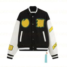 Men's Jackets Fashion Designer Offs Skull Decal Baseball Jacket Wool Tweed Splicing Leather Sleeve Coats Embroidery Hip Hop Style Winter Jackets