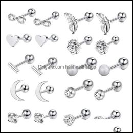 Body Arts 16G Stainless Steel Moon Heart Cross Rose Ear Barbell Helix Tragus Cartilage Earring Set Piercing Jewelry For Men And Wome Dh1N4