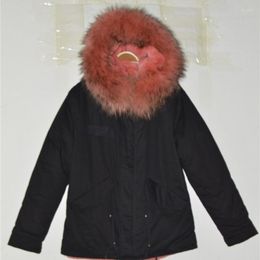 Women's Fur Black Short Cotton Parka Watermelon Red Faux Lined Overcoat With Raccoon Collar Ladies Women Jacket