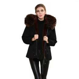 Women's Fur Short Parka Men And Women Casual Coat With Coffee Color Faux Lining Big Raccoon Collar