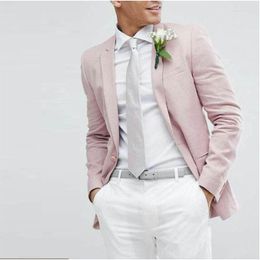 Men's Suits Casual Pink Men For Wedding Groom Tuxedos Autumn Groomsmen Blazer Trajes Hombre 2 Pieces White Trousers Costume Homme
