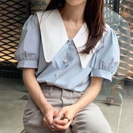 Women's Blouses South Korea Chic Tops S Women Summer Flhjlwoc Cute Sweet Date Girls Blue Yellow Cotton Blend Button Shirt Vestidos Femme