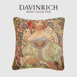 Pillow Case DAVINRICH Mucha Day Dream Decorative Cushion Covers With Zipper Weave Jacquard Sofa Pillowcase 45X45cm Vintage Girl Portrait Art