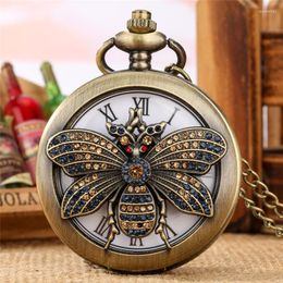 Pocket Watches Antique Style Hollow Out Bee Cover Roman Number Quartz Analogue Watch For Men Women Necklace Pendant Chain Clock Timepiece