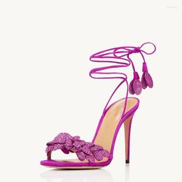 Sandals Suede Crystal Flower Embellished Leaves Design Ankle Cross-tied Stiletto High-Heels Luxury Shiny Rhinestone Party Shoes