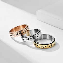 Cluster Rings Drop Engraved Star And Moon Rotatable Titanium Steel Finger Fidget Spinner Ring For Men Women Relief Anxiety Jewellery