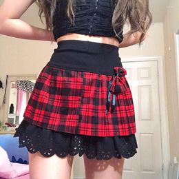 Skirts Preppy Style Vintage Plaid Mini Skrt Japanese Kawaii Bow High Waist Skirt E-girl Gothic Grunge Dark Academia Emo Alt Clothes