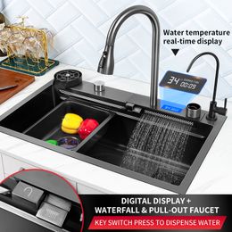 Kitchen Sink 304 Stainless Steel Nano Handmade Multifuctional Sink Waterfall Faucet Above Counter/Apron Front/Undermount