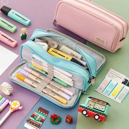 Pencil Bags Double Sided Pen Case Special Macaron Color Dual Canvas Pocket Storage Pouch Stationery School Travel Y2212