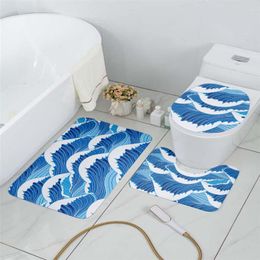 Toilet Seat Covers Japanese Style Wave Cover Set 3 Piece Bathroom Flannel Floor Mat Shower Room Entrance Doormat Non-Slip Absorbent