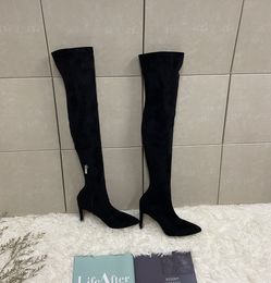 Tasarımcı botları kadın ayakkabıları lüks siyah süet uzun boylu ve ayak bileği patik sivri ayak parmakları yüksek topuk eu35-40 kutu