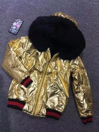 Women's Fur Shiny Golden Fabric Bomber Jacket With Black Faux Lining Winter Fashion Women And Men Coat Raccoon Collar Trim
