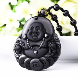 Pendant Necklaces Drop Natural Black Obsidian Carved Buddha Lucky Amulet Necklace For Women Men Fine Jewelry Healing Gift