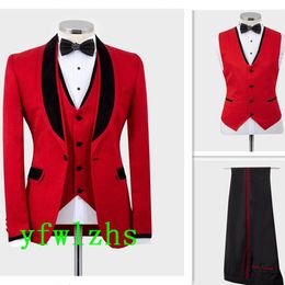 Handsome Groom Tuxedos One Button Man's Suits Shawl Lapel Groomsmen Wedding/Prom/Dinner Man Blazer Jacket Pants Vest Tie N0193