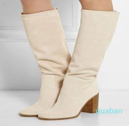 Fall Winter Chunky heels Suede leather Womens Martin Boots Real leather Light Beige Single Boots Female228B