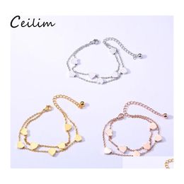 Link Chain Simple Design Stainless Steel Charm Bracelet 2 Layers Rose Gold Link Mini Hearts Lover Fashion Sweety Style For Drop Del Ot5Oy