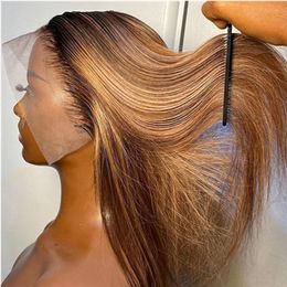 Transparent Blonde HD Full Human Hair Coloured Ombre Highlight Lace Frontal Synthetic Wigs For Black Women Preplucked Natural Hairline