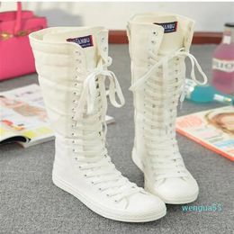 Gothic EMO PUNK Women Girl Shoes Canvas Flat Tall Boots Zip Knee High Sneaker290V