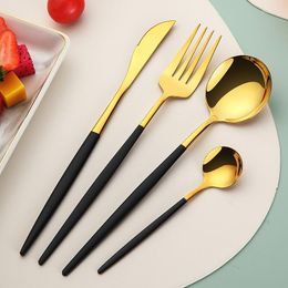 Dinnerware Sets 16pcs Black Gold Tableware Set Knife Fork Tea Spoon Stainless Steel Cutlery Kitchen Wholesale