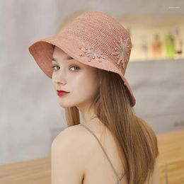 Wide Brim Hats Sun Hat Girl Summer Raffia Simple Sunscreen Cap Ladies Shopping Outdoor Crochet Protection Caps Artificial Pearl H6570