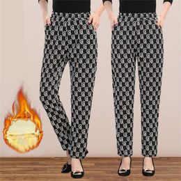 Women's Pants Winter Plush Warm Middle Aged Women Elastic High Waist Casual Trousers Female Fashion Plaid Letter Printed Pencil Clothing