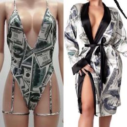 Stage Wear Dance Performance Clothes Printed In USA Dollars Robe Bathrobe Silk Robes Sexy Nightwear Satin Ladies Dressing Gowns