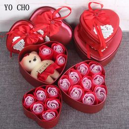 Dried Flowers YO CHO Artificial 3/4/6 Pcs Roses Bear Soap Gift Box Valentine's Day Mother's Wedding Newyear for Wife Y2212