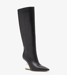 Winter First WomenTall Boots Black White Leather F-shaped Sculpted Heels Pointed Toe Lady Booties Zipper Over Knee Boot EU35-43 Original Box