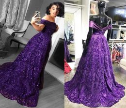 Purple Prom Dresses Sparkly Sequins A Line Applique Off The Shoulder Custom Made Sweep Train Evening Gown Formal Ocn Wear Vestidos Plus Size 403 403