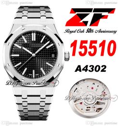 ZF 1551 50th Anniversary A4302 Automatic Mens Watch 41mm Ultra-thin 10.5mm Black Textured Dial Stick Stainless Steel Bracelet Super Edition Watches Puretime A1