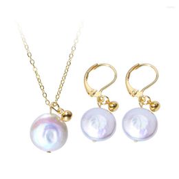 Choker Freshwater Pearl Jewelry Set Coin Shape Necklace And Earring Simple Generous Style For Women