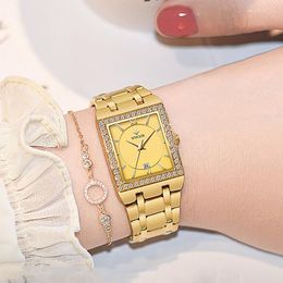 Wristwatches Women Watches 2022 Top Golden Square Diamond Watch Female Elegant Waterproof Stainless Steel Ladies 2023