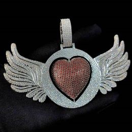 Mens Cool Hip Hop Necklace White Gold Plated Full CZ Rotating Heart Angle Wings Pendant Necklace with 24inch Rope Chain Nice Gift