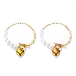 Bangle Stainless Steel Artificial Pearl Bracelets Heart Shape Pendant Bracelet For Women Fancy Cloth Accs Valentine Gift 19cm H8WF