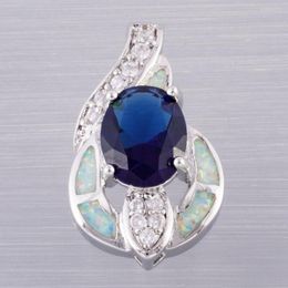 Pendant Necklaces KONGMOON 8x10mm Oval Dark Blue CZ White Fire Opal Silver Plated Jewellery For Women Necklace