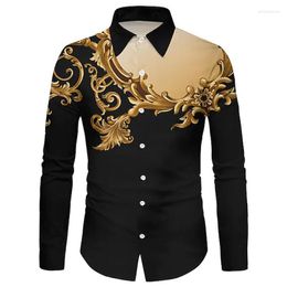 Men's Casual Shirts Autumn 2022 Men's Shirt Long Sleeve Slim Button Lapel Men Tops Fashion 3D Golden Flower Print Noble Prom S-6XL