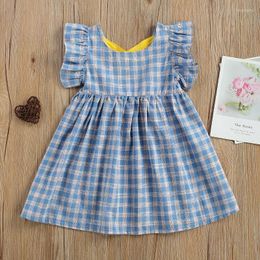 Girl Dresses Children Summer Princess Dress Kids Baby Girls Plaid Round Collar Backless Ruffle Criss-cross Strap Sleeveless A-line Sundress