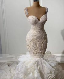 Luxury Crystals Beaded Mermaid Wedding Dresses Tiered Ruffles Skirt Cathedral Train Trumpet Lace Straps Sweetheart Bridal Dress