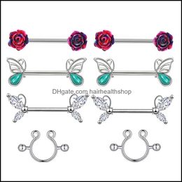 Body Arts 14G Rose Flower Nipple Ring Butterfly Piercing Barbell For Women Jewellery Drop Delivery Health Beauty Tattoos Art Dhp8R