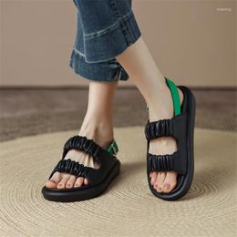 Sandals PXELENA Summer Mixed Colours Casual Comfort Flat With Genuine Leather Pleated Dating Daily Shoes Women Retro Elegant