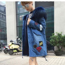 Women's Fur 2022 Arrival Demin Patches Long Autumn Coat Blue Raccoon Hoodies Simple Jacket