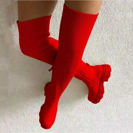 Top Boot 's Over-the-knee Winter New Red Stretch Knit Socks Heels Sexy Platform Versatile Zipper Knee High 221213