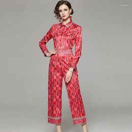 Women's Two Piece Pants Fashion Designer 2022 Autumn Sicily Suit Women Red Long Sleeve Single Breasted Printed Shirt High Waist 2 Set