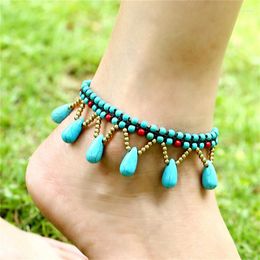 Anklets Bohemian Ethnic Vintage Handmade Beads Droplets Fringe Fashion Unique Original Design Female Beach Bikini Foot Jewelry